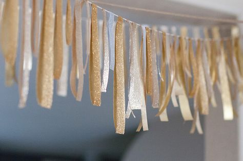 Diy Gold Decor, Hunting Party, Ribbon Garland, Diy Glitter, Anniversary Dinner, Ribbon Banner, Glitter Ribbon, Holiday Sparkle, Gold Diy