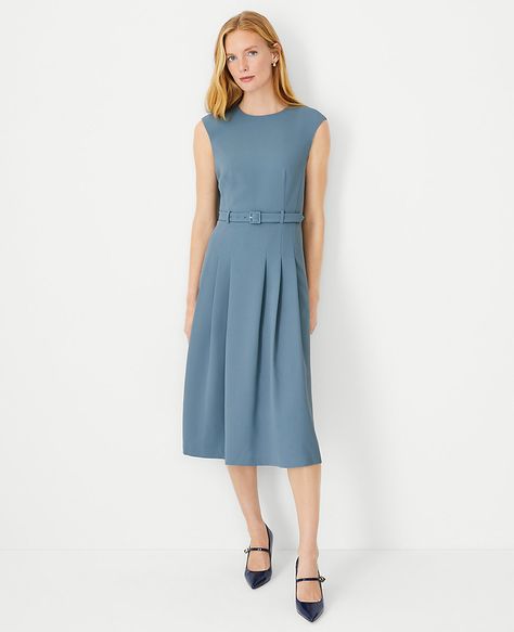 The Pleated Belted Crew Neck Dress in Fluid Crepe Ann Taylor Loft Outfits, Ann Taylor Outfit, Extra Dresses, Midi Flare Dress, Tweed Shift Dress, Crew Neck Dress, Fashion For Petite Women, Crewneck Dress, Feminine Dress