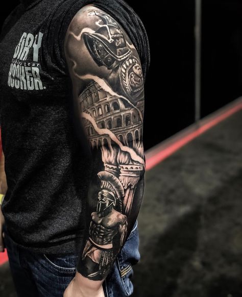 Roman Arm Tattoo Men, Gladiator Tattoo Sleeve For Men, Roman Arm Tattoo, Roman Leg Tattoo, Roman Tatoos Men, Tattoo Sleave Ideas Men, German Inspired Tattoos, Gladiator Sleeve Tattoo, Roman Empire Tattoo Sleeve