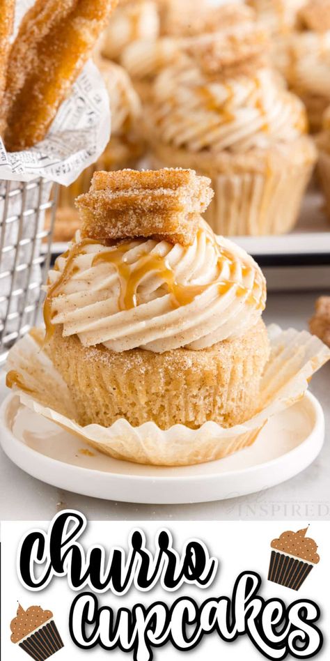 From the first bite, you'll know that this churro cupcake recipe tastes just like the real thing! These delicious cupcakes are moist and fluffy, with the tops being dipped into a cinnamon sugar mixture, then piped high with a cinnamon frosting. They are so much fun to make. Churro Cupcakes, Cinnamon Cupcakes, Fluffy Cake, Fluff Desserts, Making Cakes, Vanilla Cake Mixes, Mexican Hot Chocolate, Cupcake Flavors, Mexican Dessert