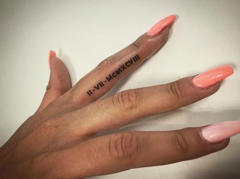 Ring Finger Roman Numeral Tattoo, Roman Numeral Tattoo On Finger, Roman Numeral Tattoo On Hand, Date Finger Tattoo, Roman Numeral Tattoo Finger, Roman Numeral Finger Tattoo, Inside Finger Tattoos, Inner Finger Tattoo, Finger Tattoos Words