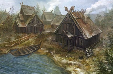 Viking Village. These buildings, especially in light of the horse adornments, are more typical of those which would be found in Kronerin (especially in the northern region of such). Village Concept Art, Casa Viking, Nordic Architecture, Viking House, Art Viking, Viking Village, Old Village, Viking Life, Nordic Vikings