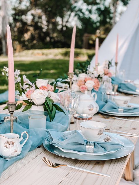 Cinderella inspired tea party Blue Tea Party Ideas, Dusty Blue Tea Party, Blue And Green Tea Party, Cinderella Tea Party Birthday, Pink And Blue Tea Party, Cinderella Engagement Party, Ocean Tea Party, Blue Tea Party Aesthetic, Blue Tea Party Baby Shower Ideas