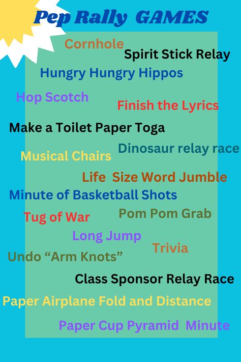 If you feel stuck, here is a list of pep rally games! If you aren't sure how one works, comment below for an answer. cheer, cheerleading, pep rally, games, coach, competitions, teachers, class council, class sponsor, cheer coach, school spirit, class competitions, class games Themes For High School Basketball Games, Game For Pep Rally, Class Themes High School, Fun Pep Rally Ideas, High School Games Team Building, Games For Pep Rallies High Schools, School Rally Games, Lunch Time Activities High School, Make It Count Cheer Camp Theme