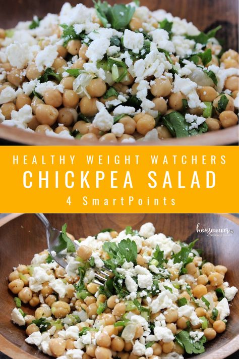 Healthy WW Chickpea Mediterranean Salad: 4 WW SmartPoints - Housewives of Frederick County Mediterranean Diet Salad, Salad Recipe With Chickpeas, Chickpea Dishes, Diet Salads, Healthy Chickpea Salad, Recipe With Chickpeas, Garbanzo Bean Recipes, Chickpeas Benefits, Ww Lunch