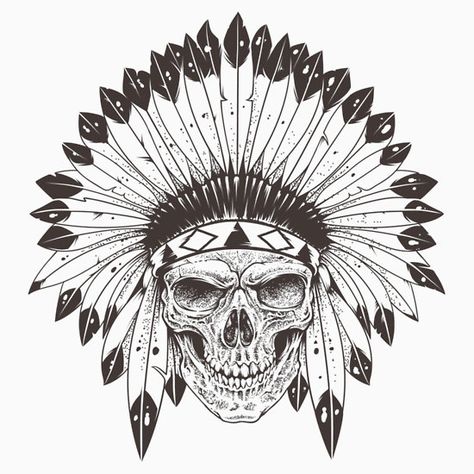 Demon Chief Indian Skull Tattoos, Native American Tattoos, Native Tattoos, Indian Skull, Indian Headdress, Skulls Drawing, Indian Tattoo, Skull Sticker, Hand Drawn Vector Illustrations