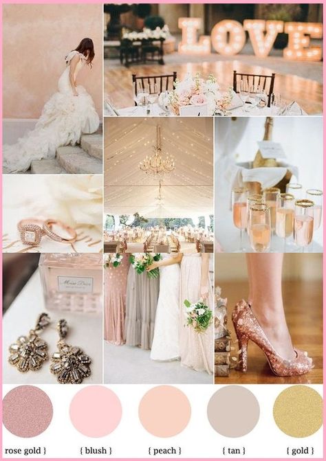 Rose blush gold wedding theme & mismatched bridesmaid dresses perfect selection in this Collage. Wedding Color Scheme, Gold Wedding Colors, Gold Wedding Theme, Blush Gold, Wedding Palette, Rose Blush, Wedding Theme Colors, Theme Color, Wedding Color Palette