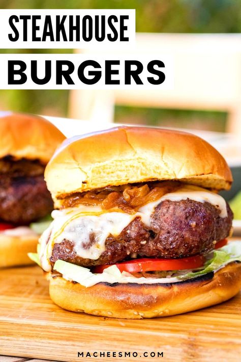 Amazingly juicy steakhouse burgers with caramelized onions are so easy to make at home! Top with a homemade burger sauce and you’ll be in heaven. macheesmo.com #steakhouse #burgers Steakhouse Burger Recipe, Steakhouse Burgers, Homemade Burger Sauce, Steakhouse Burger, Grilled Peach Salad, Homemade Burger, Burger Meat, Burger Patties, Peach Salad