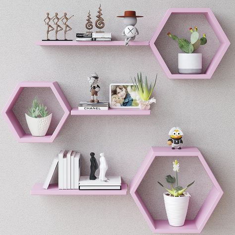 PRICES MAY VARY. 【Versatile Decor】Transform any room with the rustic charm of these black pine wood hexagon floating shelves. Use them to display plants, books, photos, and more, and create a personalized space that reflects your style and transform your wall space into a stunning focal point. 【Space-saving Design】These hexagonal wall-mounted shelves are perfect for small spaces. They keep your items organized and off the floor, freeing up valuable space in your living room, bedroom, bathroom, k Small Studio Wall Decor, Cute Stuff For Your Room Wall Art, Decor Items For Shelves, Wall Decoration Items, Floating Shelves Girls Bedroom, Kawaii Apartment Decor, Small Bedroom Shelves, Wall Shelves Design Bedrooms, Preppy Shelves