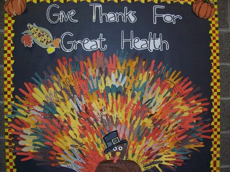 Give Thanks for Great Health! November Bulletin Boards For Preschool, Bulletin Boards For Preschool, Bulletin Boards For Elementary, Daycare Bulletin Boards, Pe Bulletin Boards, Nurse Bulletin Board, School Nurse Office Decorations, Health Bulletin Boards, Office Bulletin Boards