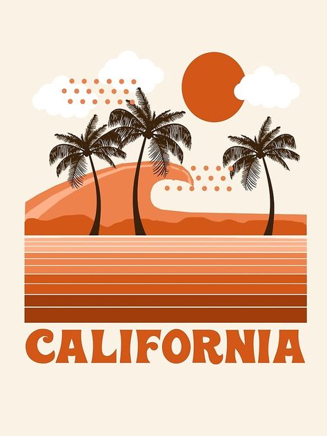 "California - retro 70s 1970's sun surfing beach throwback minimal design by Seventy Eight" Poster by 78designs | Redbubble Retro 70s, Minimal Design, Palm Trees, 1970s, Surfing, Trees, California, Sun, Orange