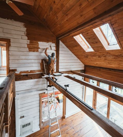 Gambrel Cabin, Painted Log Home Interior, Log Interior, Hunter House, Log Home Interior, Cabin Renovation, House Renovation Projects, Glen Arbor, Log Cabin Interior