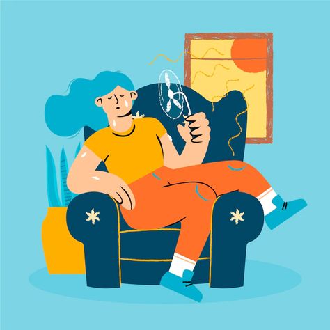 Free Vector | Flat summer heat illustration with woman holding fan while sitting on chair Summer Heat Illustration, Heat Illustration, Movie Seats, Chair Illustration, Sitting Chair, Summer Flats, Summer Heat, Cartoon Illustration, Graphic Resources