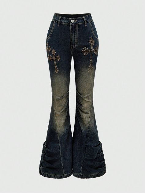 Blue  Collar  Denim Butterfly,All Over Print Flare Leg Embellished Medium Stretch  Women Clothing Pants With Writing On The Back, Flayer Jeans Outfit, Yk2 Jeans, 70s Bottoms, Halloween Jeans, Custom Painted Jeans, Elephant Jeans, Jaded London Jeans, Shibuya Style