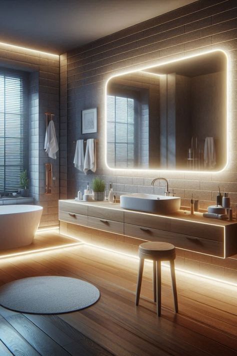 Add a subtle glow to your bathroom with LED strip lights under the vanity. A modern touch of sophistication. #UndercabinetLighting #LEDStrips Urban Lighting Design, House Updates, Led Strip Lights, Led Stripes, Strip Lights, Under Cabinet Lighting, Updating House, Understated Elegance, Lighting Ideas