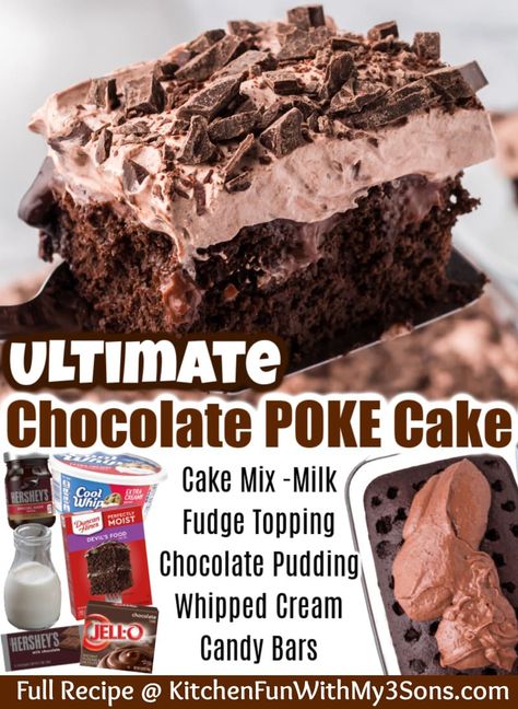 This Chocolate Poke Cake is an ultra-rich and decadent devil's food cake filled with chocolate pudding and topped with chocolate whipped cream - a chocolate lovers dream! Chocolate Cake And Pudding Dessert, Chocolate Pudding Poke Cake Cool Whip, Ding Dong Poke Cake, What To Make With Devils Food Cake, Devils Food Poke Cakes, Cupcake Recipes With Pudding Cake Mixes, Poke Chocolate Cake, Extreme Chocolate Desserts, Most Chocolate Cake Ever