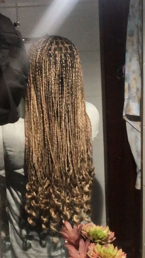 Blond Braids With Curly Ends, Mixture Of Blonde And Brown Braids, Brown And Blonde Knotless Braids With Curls, Honey Blonde Box Braids With Curly Ends, Blonde And Brown Braids With Curls, Dark Brown Braids With Curls, Honey Brown Braids With Curls, Colour Combo Braids, Light Brown Braids With Curls