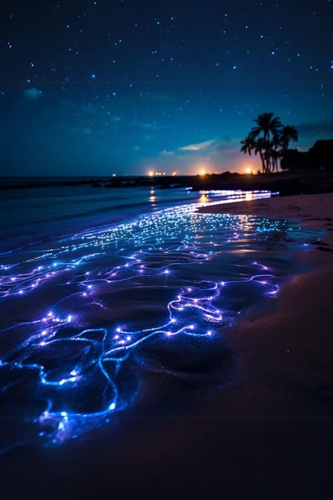 Did you know some beaches glow in the dark thanks to tiny organisms? Talk about a natural disco! #tropical #tropicalparadise #tropicalisland #tropicalhouse #tropicalfruit #tropicalflowers #tropicallife #tropicalgarden #tropicalstorm #tropicalwedding #tropicalnorthqueensland #tropicals #tropicalfruits #tropicalstyle #tropicalia #tropicalparty #tropicalliving #tropicalbeach #tropicalart #Tropical Addict # Travel #Holidays #Summer #PalmTree #Flowers #Coctails #Beach #SummerVibes #Biolumiscence Glow In The Dark Beach, Sky Vibes, Fantasy Beach, Tropical Places, Beach Glow, Dark Beach, Tropical Living, Holidays Summer, Tropical House