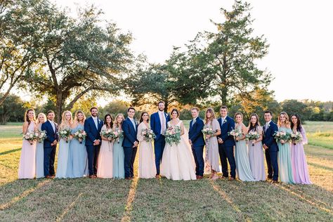 Pastel Bridesmaid Dresses With Groomsmen, Pastel Bridal Party Groomsmen, Pastel Groomsmen, Farmhouse Chic Wedding, Pastel Bridal Party, Navy Bridal Parties, Purple Groomsmen, Light Purple Bridesmaid Dresses, Rainbow Bridesmaids