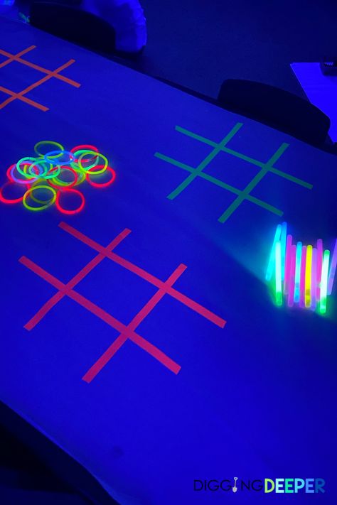 Glow Theme Trunk Or Treat, Glow In The Dark Party Ideas Games, Games For Neon Party, School Dance Party Ideas, Glow In Dark Party Games, Glow In The Dark Dance Theme, Glow Tape Ideas, Neon Out Party, Glow Night Games