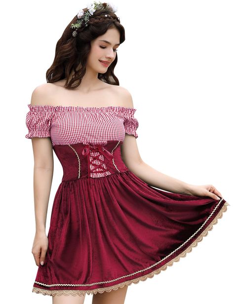 PRICES MAY VARY. This Oktoberfest dirndl dress is a single-piece ensemble that creates the appearance of three separate pieces. It's very trendy, cute, and perfectly matches the image provided. This Oktoberfest dress showcases an off-shoulder neckline, puff sleeves, a back zipper, lace ties at the front for adjustable fit, and a swingy flowy skirt adorned with delicate white lace flowers hem. This traditional Bavarian dresses are crafted from comfortable, durable materials and feature a fashion- Oktoberfest Festival, Dirndl Dress Traditional, German Dirndl Dress, Bavarian Dress, German Dress Dirndl, Trendy Christmas Outfits, Oktoberfest Dress, Oktoberfest Costume, Dress Traditional