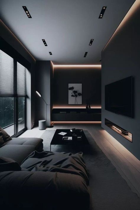 Living Room Lighting Design, Dark Living Rooms, H Design, Living Room Partition Design, Room Partition Designs, Bachelor Pad, Luxury Homes Interior, Living Room Grey, Curtains Living Room