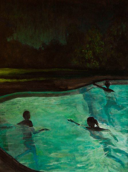 John DeFeo Nightswimming 1 Painting Figurative Night Swim Art Skinnydip Pool Light On Water Painting, Ocean Light, Pool At Night, Night Swimming, Painting Inspo, Arte Sketchbook, Wow Art, Night Painting, Arte Horror