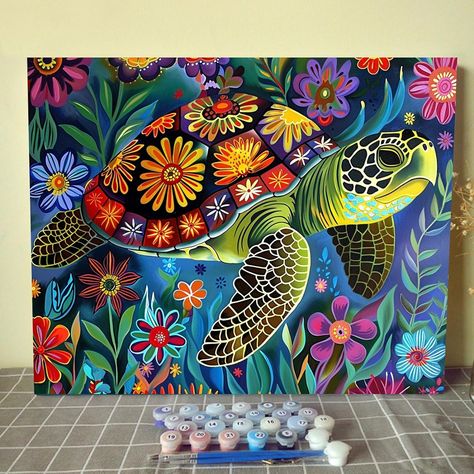 Amazon.com: Aihonmin Marine Turtle Paint by Numbers for Adults and Children,flowers DIY Acrylic Watercolor Painting by Numbers for Kids Beginners 16x20 inch Painting Craft On Canvas Home Decor(without frame) : Everything Else Acrylic Paint Animals, Turtle Oil Painting, Tortoise Painting Acrylic, Painting Of Turtle, Acrylic Painting Of Nature, Painting A Turtle, Long Painting Ideas, Turtle Painting Ideas, Craft On Canvas