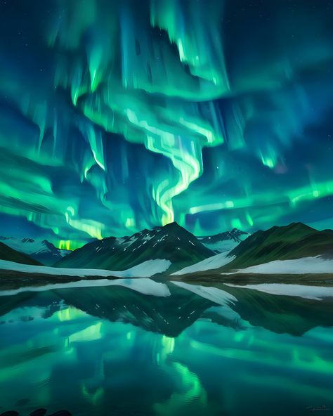 Traditional watercolor painting of mountains reflected in a lake with a green aurora borealis in the sky. This stunning artwork features a color scheme inspired by Jessica Rossier. The northern lights serve as a captivating background, adding an ethereal touch to the scene. This painting is currently trending on Unsplash and has been featured for its mesmerizing depiction of the aurora borealis. Abstract Aurora Borealis, Aurora Borealis Mountains, Gouache Northern Lights, Aurelia Borealis, Northern Lights Aesthetic, Aurora Painting, Aurora Borealis Painting, Northern Lights Wall Art, Aurora Borealis Art