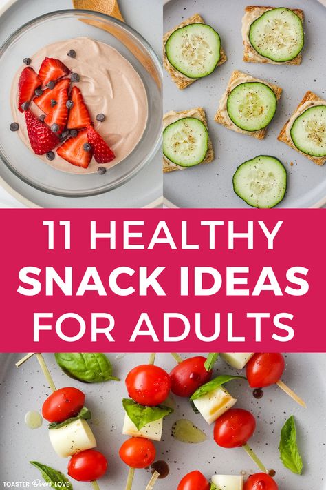 Small bowl with yogurt, plate of crackers with hummus and cucumber slices, and grape tomatoes and mozzarella cheese on toothpicks with basil leaves. Easy Snacks For Adults, Snack Ideas For Adults, Easy Healthy Cookies, Quick And Easy Snacks, Healthy Vegetarian Snacks, Quick Easy Healthy Meals, Vegetable Snacks, Healthy Eating Snacks, Healthy Snack Ideas