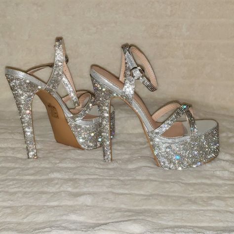 Silver Sparkling Rhinestones Approx. 2.5" Platform With A 6.5" Heel Sexy Ankle Strap With Buckle Closure New In Box Photos Taken With And Without Flash Pageant Platform Ideas, Sparkling High Heels, Prom Heels Sparkly, Rhinestone Platform Heels, Glittery Heels, Disco Shoes, Sparkle High Heels, Pocket Shoes, Silver Rhinestone Heels