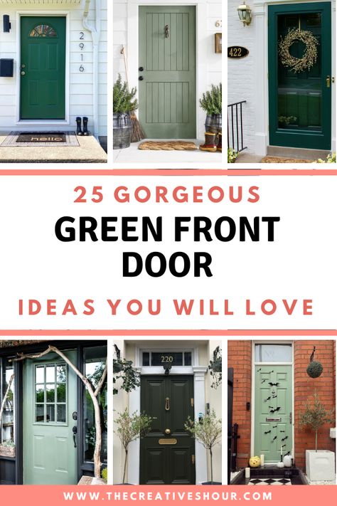 Sage Green Front Door Red Brick House, Green Front Door With Storm Door, Green Front Door Gray House, Green Exterior Door Colors, Green Door Colors, Tan House Front Door Color, Green Front Door Brick House, Forest Green Front Door, White House Green Door