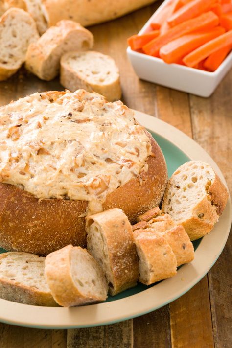 Baked Onion Dip in a Bread Bowl Baked Onion Dip, Bread Bowl Dip, Thanksgiving Apps, Best Thanksgiving Appetizers, Baked Onion, Bread Bowl Recipe, Baked Onions, New Year's Eve Appetizers, Christmas Eats