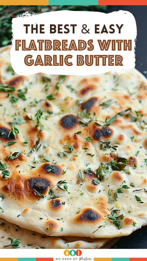 These Easy Flatbreads with Garlic Butter are soft, fluffy, and incredibly flavorful. Perfect for dipping, wrapping, or enjoying on their own. Try this simple recipe with just a few pantry staples and impress your family at your next meal! Save this pin and make them today! Easy Flatbread, Gluten Free Travel, Snack Bites, Dairy Free Dessert, One Pan Meals, Recipe Roundup, Breakfast Cookies, Thanksgiving Side Dishes, Pantry Staples