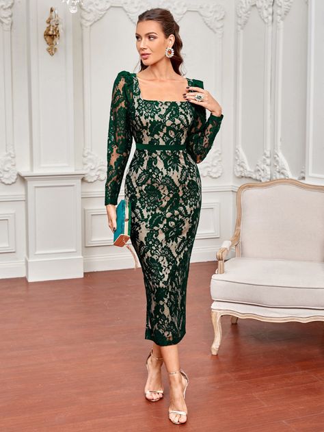 Lace Dress Pattern, Lace Dress Classy, Formal Dress Patterns, Lace Dress Styles, Green Lace Dresses, Elegant Dresses Classy, Lace Dress With Sleeves, Stylish Party Dresses, Classy Dress Outfits