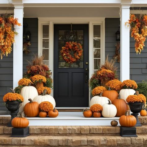 Fall Exterior Decor Front Porches, Fall Outdoor Decor Porch, Southern Porch, Porch Pumpkins, Pumpkin Display, Fall October, Autumn Breeze, Favourite Season, Pumpkin Projects