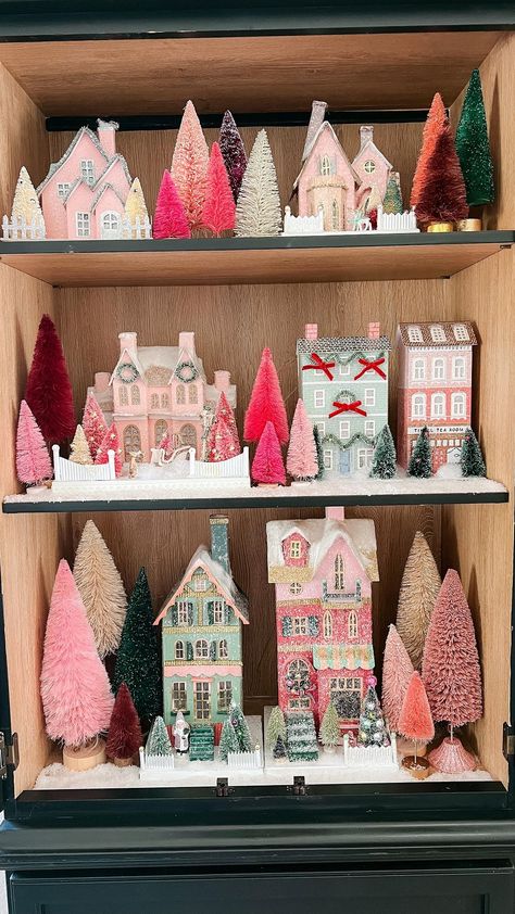 Christmas Village In Tree, Pink Christmas Village Houses, Antropology Christmas Deco, Teal Red Pink Christmas, Anthropologie Christmas Inspiration, Anthro Christmas Display, Anthro Inspired Christmas Diy, Anthropologie Christmas Decor Diy, Christmas Diy House