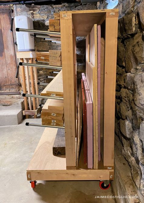 A DIY tutorial to build a lumber rack including plans. Make this movable lumber storage rack to house full sheets and boards. #freeplans Sheet Material Storage, Free Standing Lumber Rack, Plywood Cart, Plywood Rack, Diy Lumber Storage, Lumber Storage Rack, Timber Storage, Steel Bed Design, Wood Cart