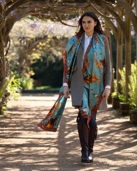 The wait is finally over - Heads or Tails is now here in new Duck Egg and Rust. The design that earned it's fame from Netflix series 'The Gentleman' is now here in this vibrant new colour way in the Classic silk scarf size. About Heads or Tails The official name for this collection is Heads or Tails because of all of the flamboyant Game Birds jostling for attention on these exuberant designs. It's one of the brands most well loved designs, and popular with city dwellers, as those who love pheasa Pheasant Shooting, Mens Cravats, Heads Or Tails, Winter Shawl, Pure Silk Scarf, Small Scarf, Game Birds, Silk Accessories, Square Silk Scarf