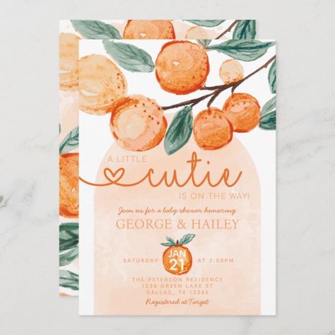 A Little Cutie is on the Way Orange Baby Shower Invitation | Zazzle August Baby Shower, Cutie Orange, Cutie Is On The Way, Citrus Baby, Peach Baby Shower, Gender Reveal Themes, Orange Baby Shower, Orange Party, Summer Baby Shower