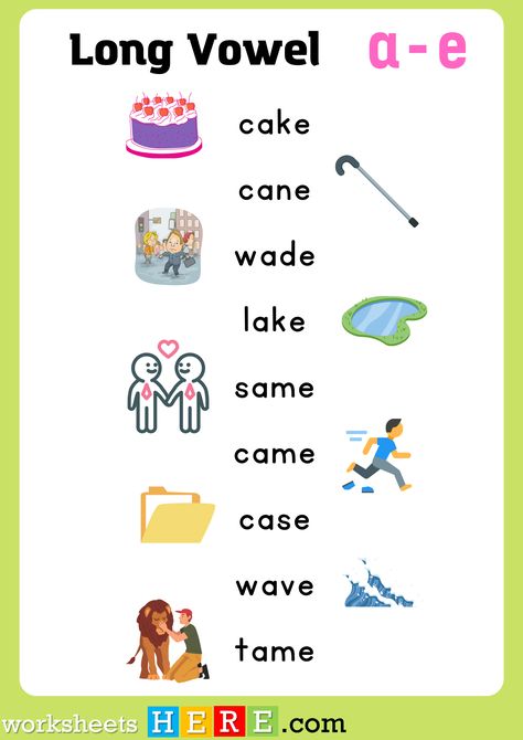 A_e Words Long Vowels, A_e Worksheets Long Vowels, Long A, Vowels Kindergarten, Kindergarten Tables, Long Vowel Worksheets, Vowel Worksheets, Math 5, Phonics Posters