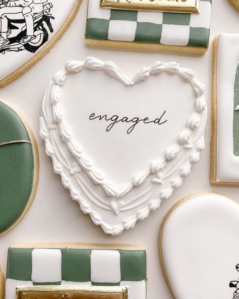 Mary Harness (@kccookiegal) • Instagram photos and videos Engagement Party Cookie Ideas, She Said Yes Engagement Cookies, Engagement Fondant Cookies, Just Married Cookies, Engaged Cookies, Divorce Cookies, Engagement Sugar Cookies, Custom Wedding Cookies, Engagement Party Desserts