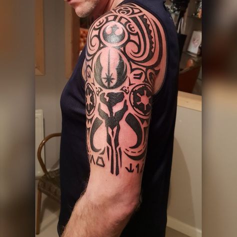 Jedi And Sith Tattoo, Star Wars Filler Tattoo, Star Wars Republic Tattoo, Star Wars Sleeve Tattoos For Guys, Mandalorian Symbol Tattoo, Star Wars Arm Tattoo, Star Wars Jedi Tattoo, Jedi Tattoo Ideas, Mandalorian Tattoo Symbols