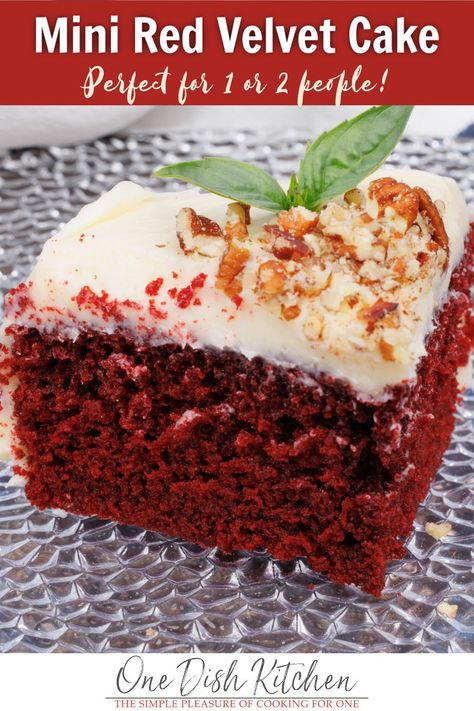 This homemade mini red velvet cake is soft and tender with an irresistible cream cheese frosting. Perfect for one or two people to enjoy. Cake Topping Ideas, Mini Red Velvet Cake, Person Cooking, One Dish Kitchen, Batch Recipes, Small Batch Baking, Red Velvet Cake Recipe, Velvet Cake Recipes, Single Serve Desserts