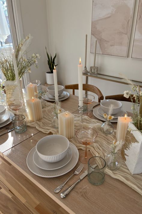 Tablescape Candles, Neutral Candles, Dining Table Candles, Table Candles, Apt Decor, Candles Decor, Candle Table Decorations, Table Styling, Mood Lighting