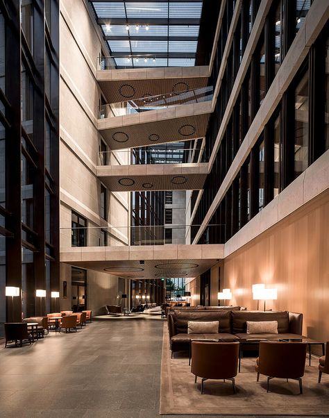 This is not a hotel: overcoming design boundaries with timeless materials - News - Frameweb Office Building Lobby, Atrium Design, Building Lobby, Interior Cladding, Antonio Citterio, Lobby Interior, Occasional Tables, Oscar Niemeyer, Lobby Design