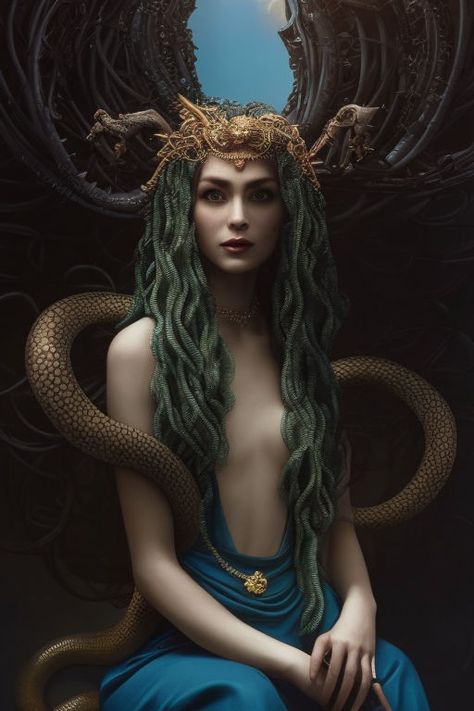 A forlorn and beautiful enchanted Medusa with filigree snake... by Alenart - Playground AI Snake Woman Art, Beautiful Medusa, Beautiful Demon, Surreal Photoshop, Snake Woman, Snake Goddess, Medusa Snake, 2023 Halloween, Wattpad Cover