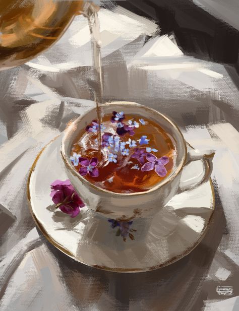 Coffee In Teacup, Teacup Oil Painting, Aesthetic Coffee Painting, Tea Painting Art, Tea Cups Painting, Espresso Painting, Cup Of Tea Painting, Oil Paint Ideas, Teacup Photography