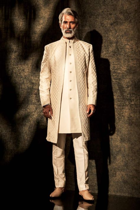 Buy Off White Silk Woven Thread Armando Embroidered Sherwani For Men by Bubber Couture Online at Aza Fashions. Open Sherwani, Embroidered Sherwani, Sherwani For Men, French Knots, Kurta With Pants, Sherwani, White Silk, Mandarin Collar, Aza Fashion