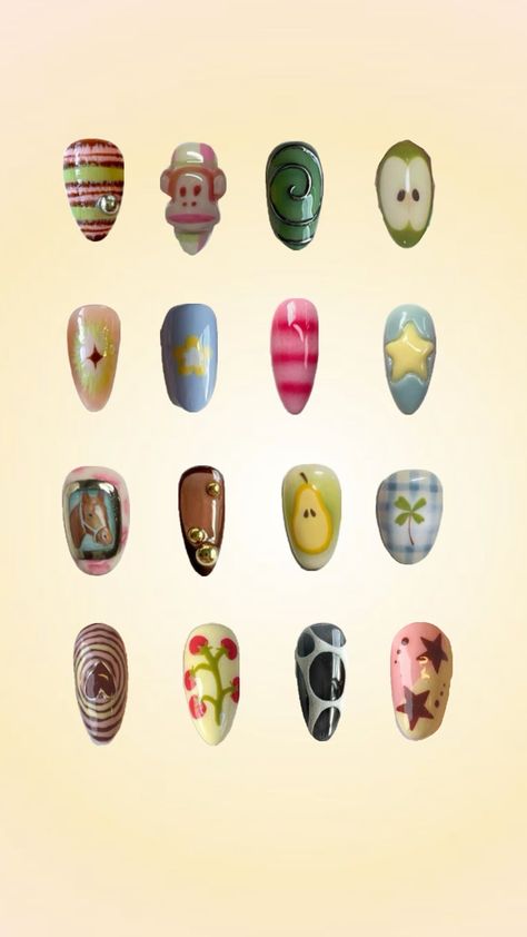 Weird Girl Nails, Weird Nail Ideas, Eclectic Nails, Kitsch Nails, Quirky Nails, Mismatched Nail Art, Weird Nails, Monkey Nails, Funky Nail Designs